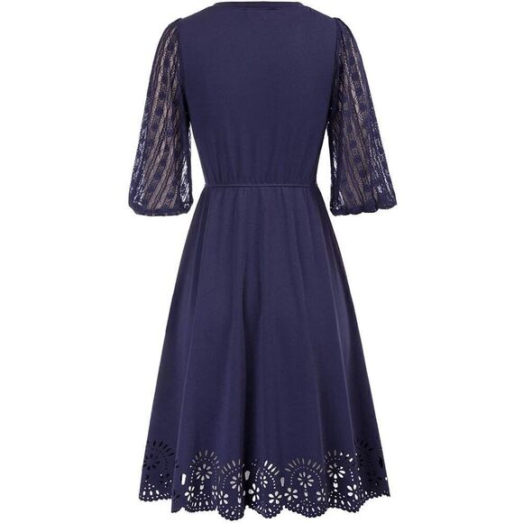 NWT Romantic Elegant Lace Lantern Sleeve A Line Cut Out Swing Skater Navy Dress - Picture 7 of 16